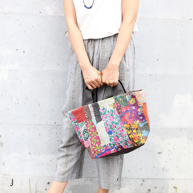カンタ刺繍パッチワークキルトのトートバッグ【Lサイズ/J】 | iichi