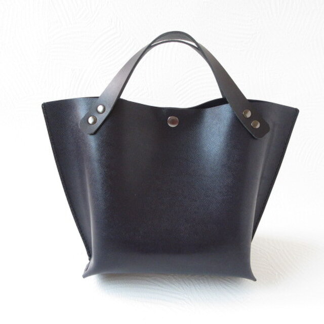 《牛革》底マチワイド・ダークネイビー・マイクロシュリンク・一枚革のミニトート・0389