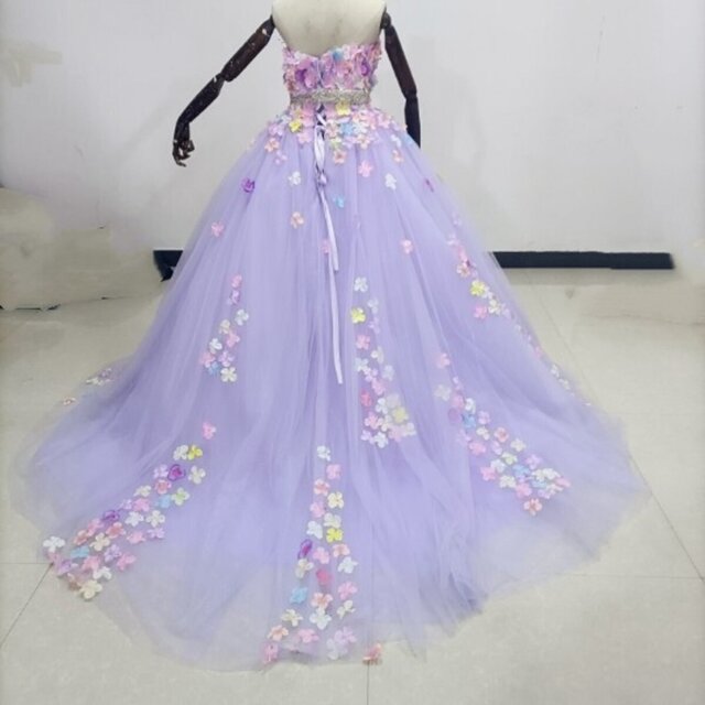 ウェディングドレス高品質！カラードレス パープル ソフトチュール ビジュー ベアトップ 花嫁