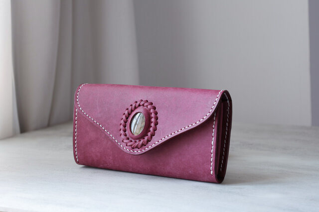 オルガン長財布 使用品 天然石×牛革 大容量 総手縫い ハンドメイド 天然石×革の組み合わせ」長財布 レディース 革 大容量 牛革