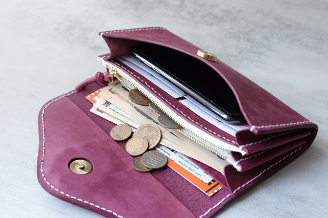 オルガン長財布 使用品 天然石×牛革 大容量 総手縫い ハンドメイド 天然石×革の組み合わせ」長財布 レディース 革 大容量 牛革