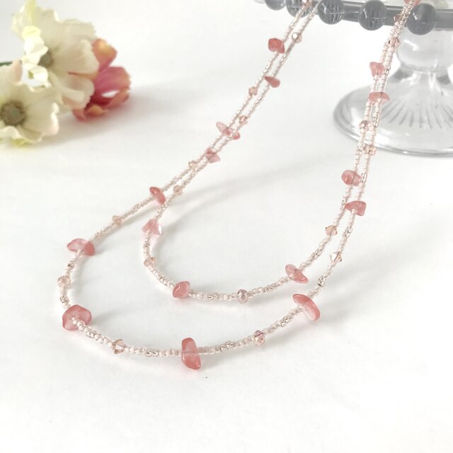 さざれ石 ロングネックレス　ピンク パステルカラー 桜色 春