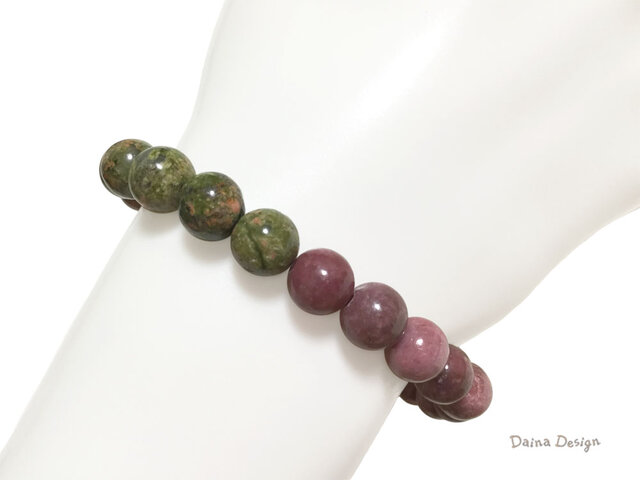 ピンク＆グレーロ―ドナイト、イ―グルアイ天然石デザインブレス素敵な逸品