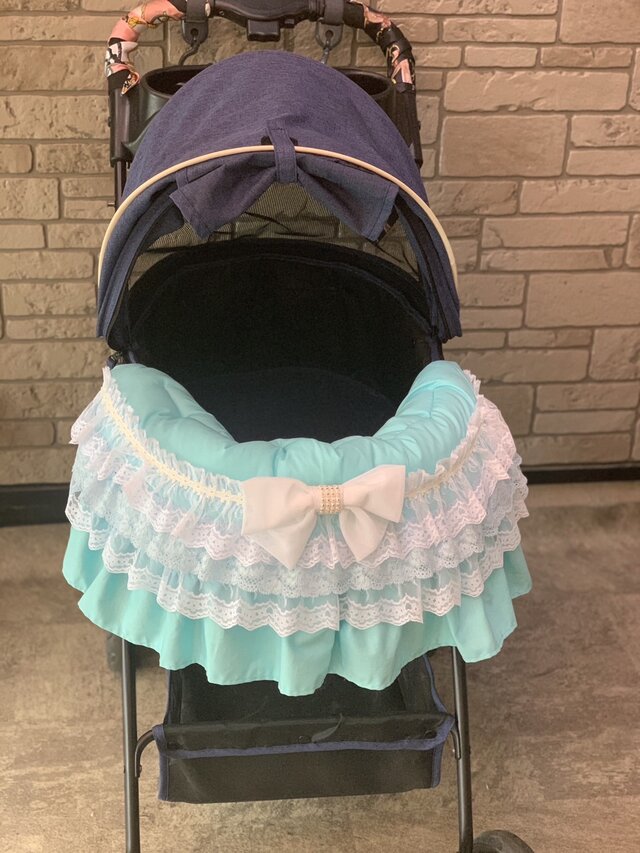 写真映え！メルヴェイユアリスあごのせクッションカバー・バギー・カート・カーボックス用・水色で爽やかなかわいらしさ