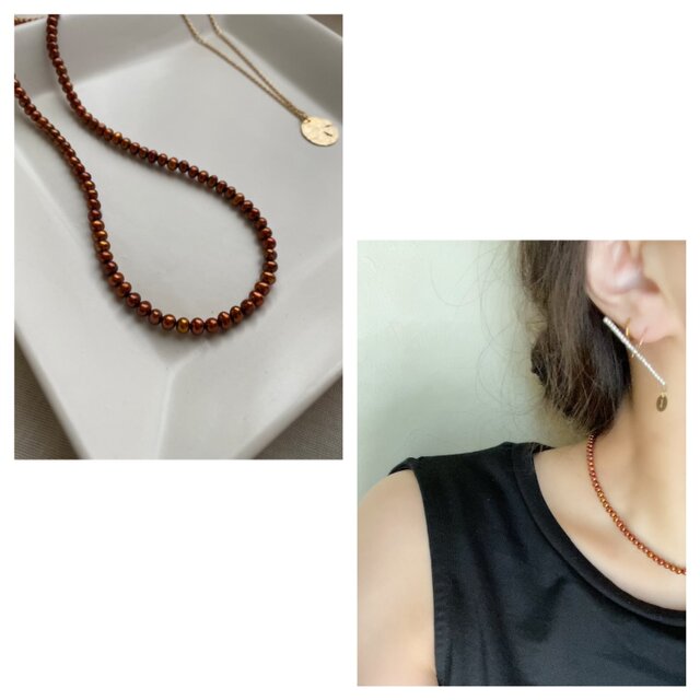 Pearls Necklaces:Metallic Chocolat Brown 淡水パールネックレス40.5ｃｍ 45ｃｍ | iichi  日々の暮らしを心地よくするハンドメイドやアンティークのマーケットプレイス