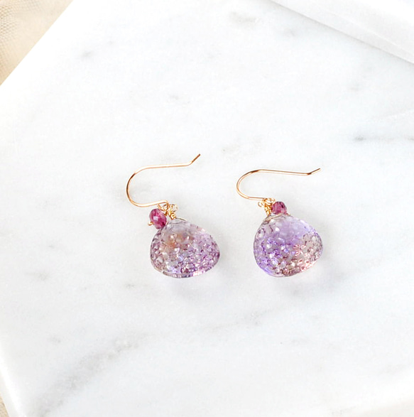 K18 Pink Gold/アメトリンハニカムカットXマラヤガーネットピアス 