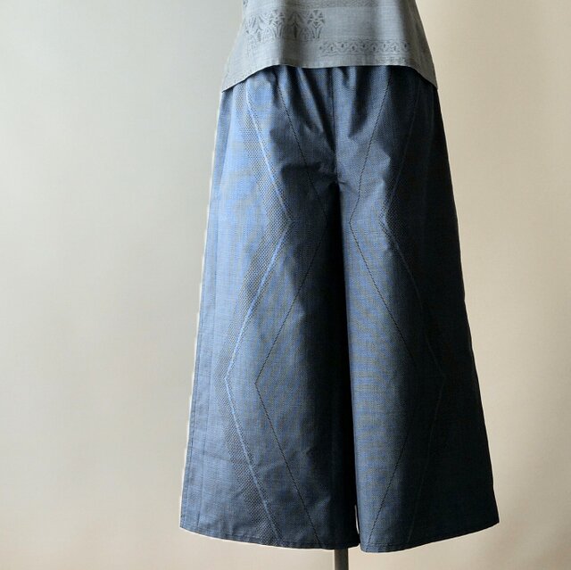1057　着物リメイク☆大島紬ギャザースカート+ガウチョパンツ＆トートバッグ