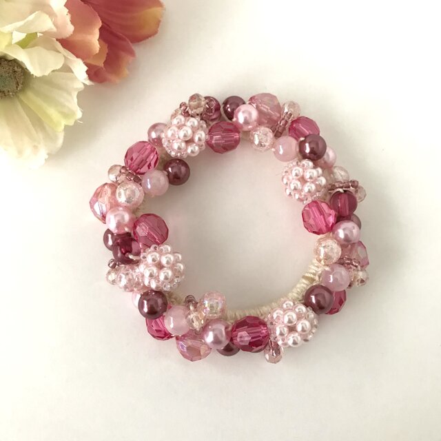 ビーズボール ビジュー クロッシェ シュシュ チェリー ピンク ヘアゴム