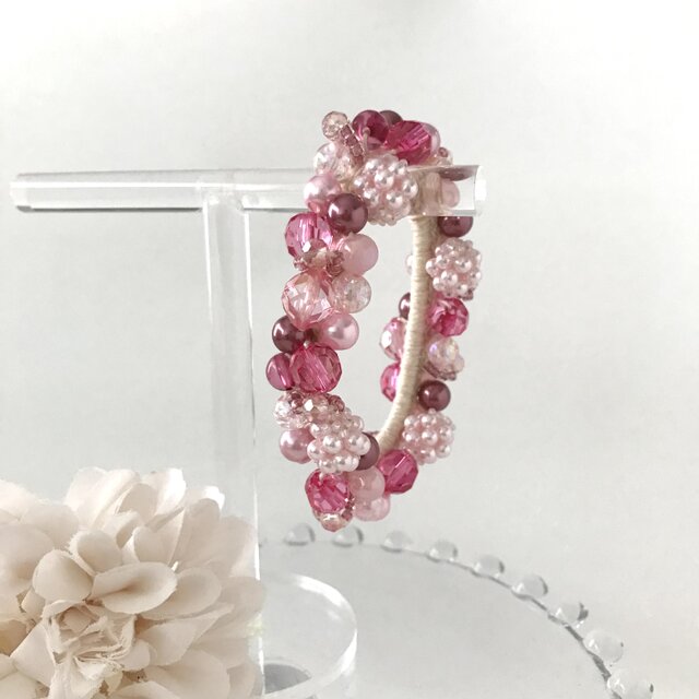 ビーズボール ビジュー クロッシェ シュシュ チェリー ピンク ヘアゴム