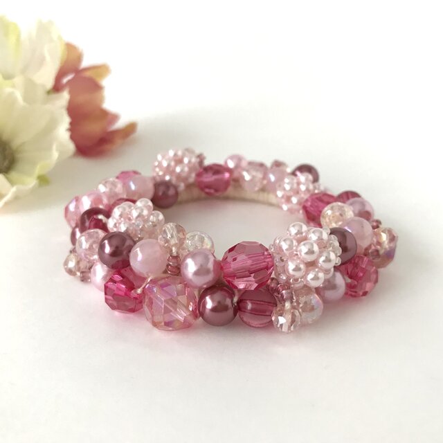 ビーズボール ビジュー クロッシェ シュシュ チェリー ピンク ヘアゴム