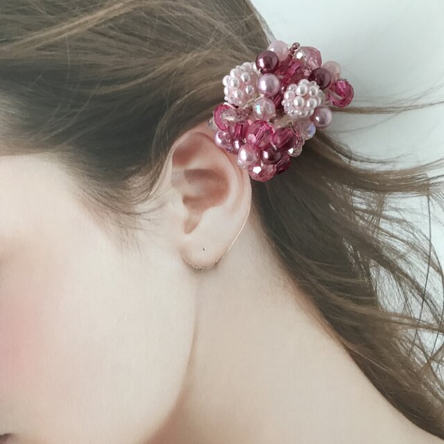 ビーズボール ビジュー クロッシェ シュシュ チェリー ピンク ヘアゴム