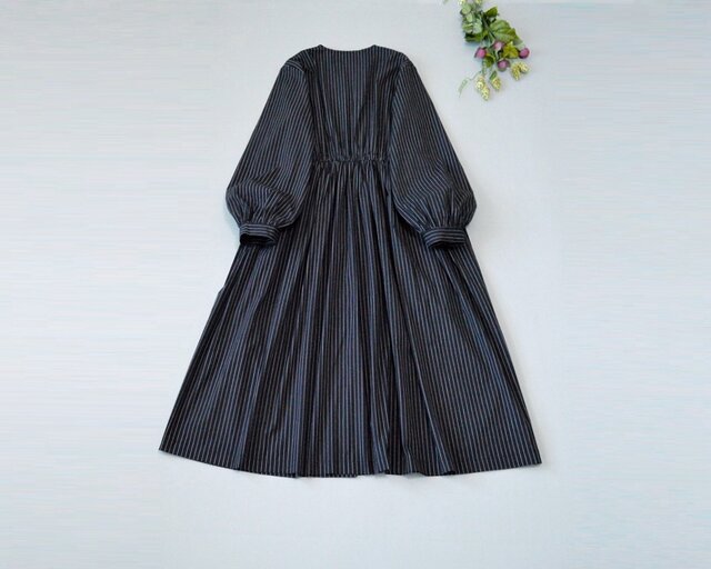 ヘリンドットサイ ブラック 半袖 ロングワンピース ポケット付き