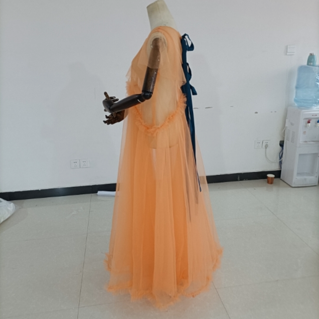 高品質！ 妊婦ドレス マタニティ　写真撮影 オレンジ シースルー ワンピース ソフトチュール