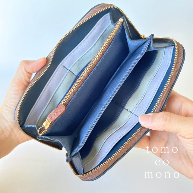 刺繍革財布『SHABON＆bear』NAVY（牛革）ラウンドファスナー☆「青