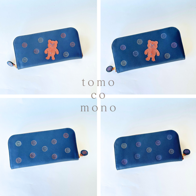 刺繍革財布『SHABON＆bear』NAVY（牛革）ラウンドファスナー☆「青