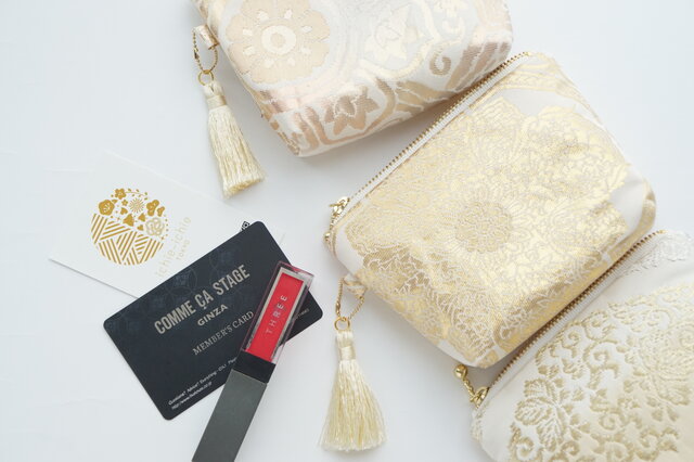 金彩 桜・鶴・松模様 帯リメイク ミニポーチ】カードケース、ポーチ