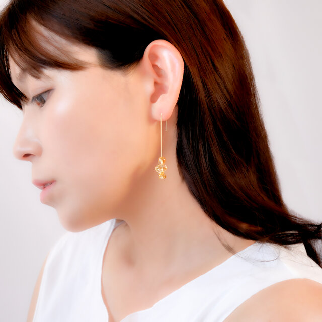 14kgf Citrine Square Line Pierced Earrings Gift Box　099