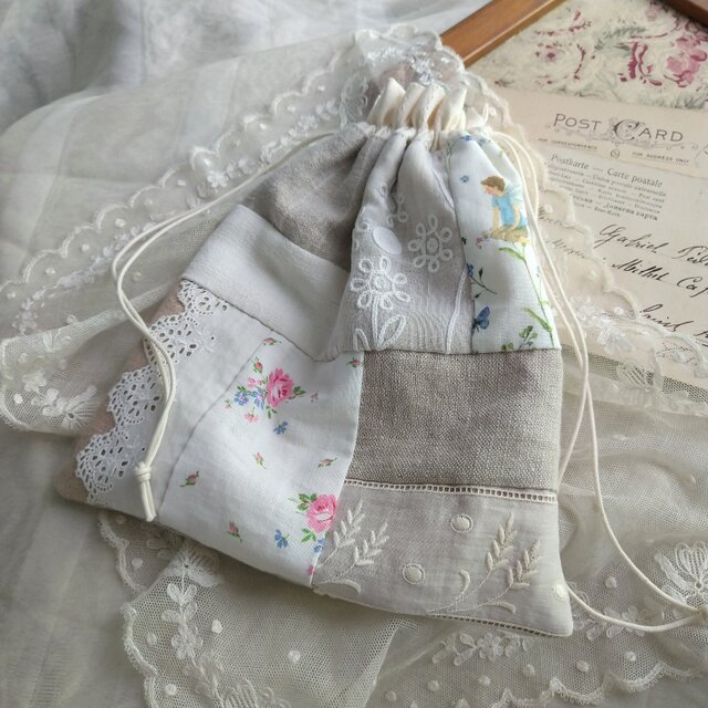 アンティークレース*リネン*パッチワーク*巾着