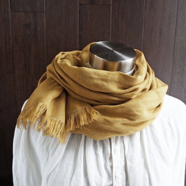 秋冬 やわらか上質ベルギーリネンのストール　マスタードイエロー