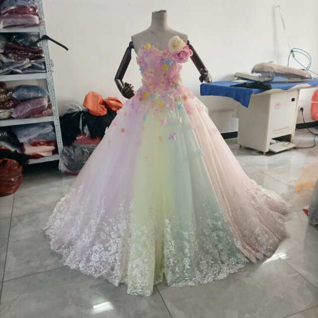 レインボースカート 素敵なカラードレス キラキラチュール ベアトップ 結婚式フォーマル/ドレス