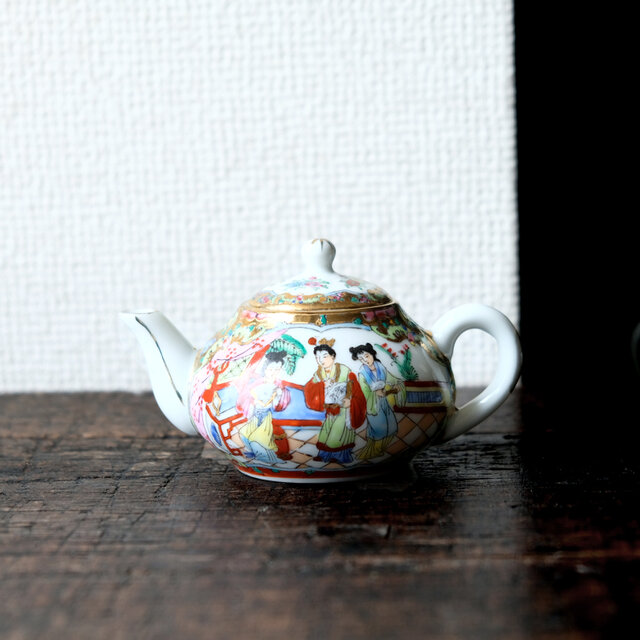 中国　色絵　蝙蝠山水文　煎茶碗　五客　桐箱　M　R6397E 中国 色絵 蝙蝠山水文 煎茶碗 五客 桐箱 M R6397E
