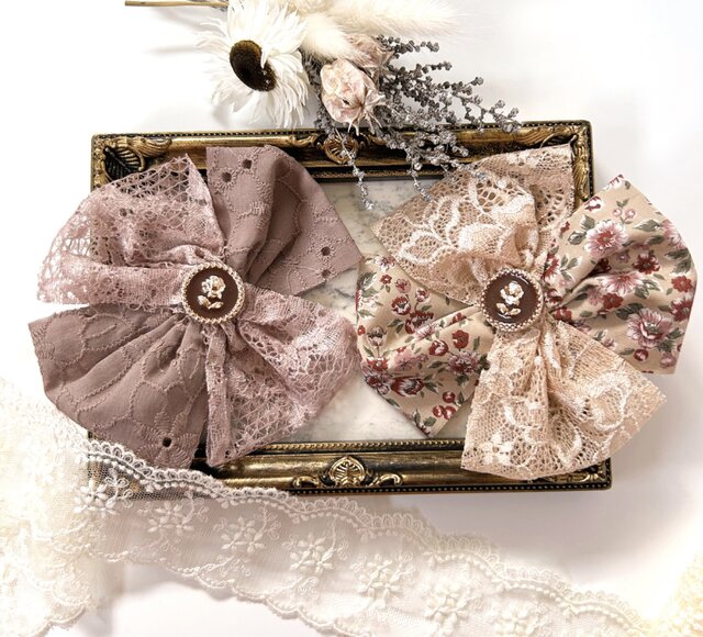 ハンドメイド♡花柄ファブリックリボンレースポニー 475»◤完売◢ポニーフック◢ラッピング無料◢髪飾り*インド刺繍リボン