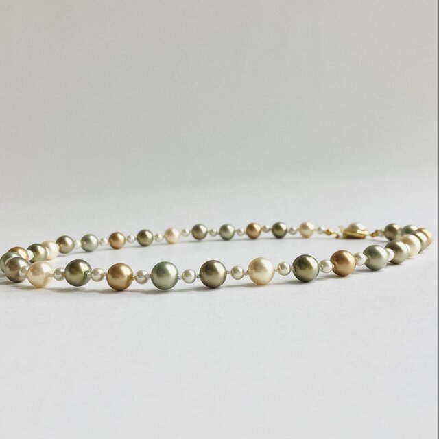 ガラスパールmixオールノットネックレス/4x8mm約45cm/カーキxブラウンmix/G/made in japan