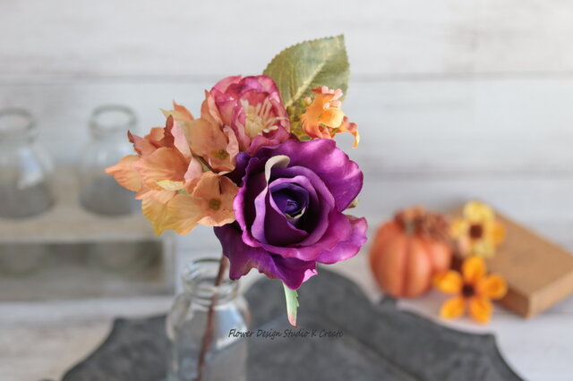 オレンジの薔薇と紫陽花とデージーのブーケ風フローレス　フラメンコ　ダンス　髪飾り
