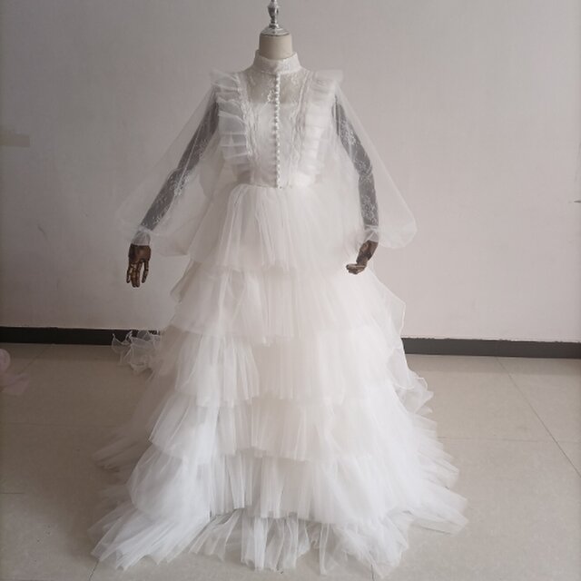 レディース上品！フランス風ウエディングドレス ホワイト 透け袖 柔らかく重ねた花嫁/結婚式