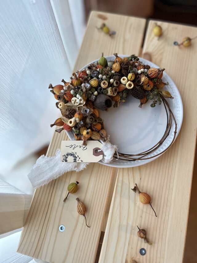 手のひらで秋を嗜む 数種類の実物を丁寧に紡いだ 木ノ実の リース 