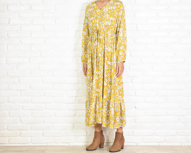 花柄Vネック長袖ワンピース マスタードイエロー | iichi 日々の暮らし