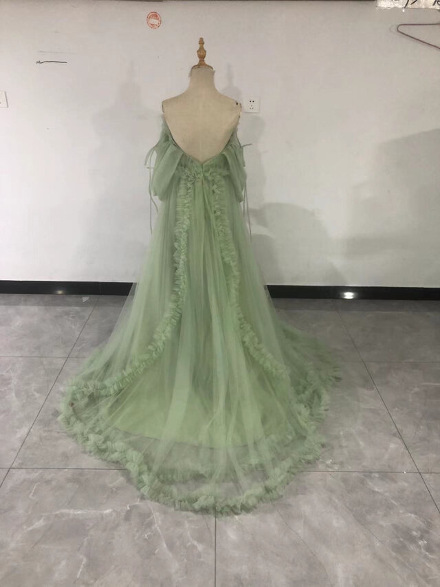 送料無料！パーティードレス 姫袖 ベアトップ グリーン 花嫁 拳式  