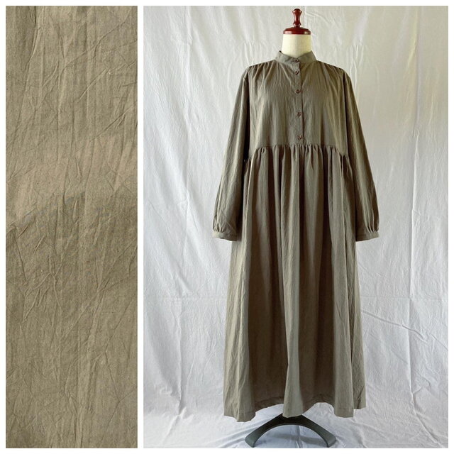 レディのためのプラムワンピース（長袖）：120cm丈（シュリンクコットン：ブラウン）