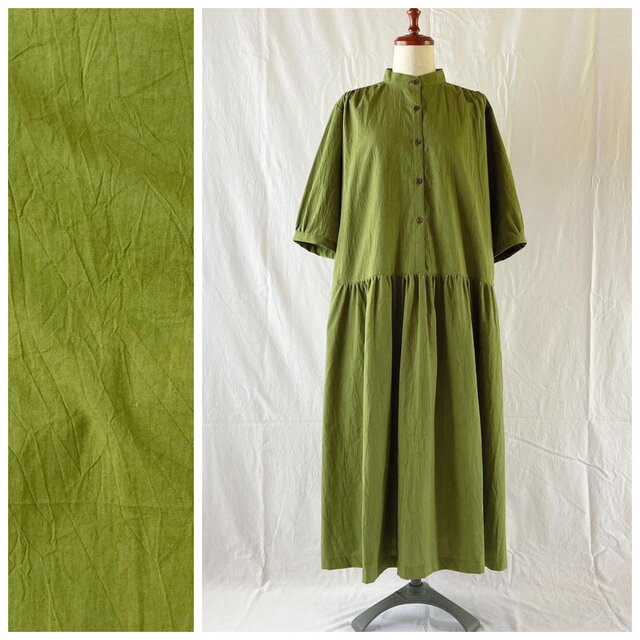 レディのためのチェリーワンピース（七分袖）：115cm丈（シュリンクコットン：オリーブ）