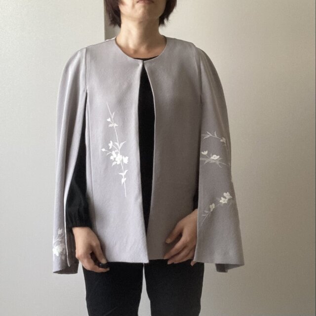 着物ケープボレロ　ライトグレー　短