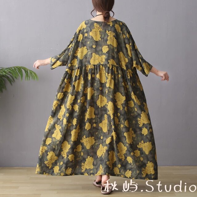 New秋色~イェロー 花柄ワンピース ゆったり 長袖 綿麻 コットン