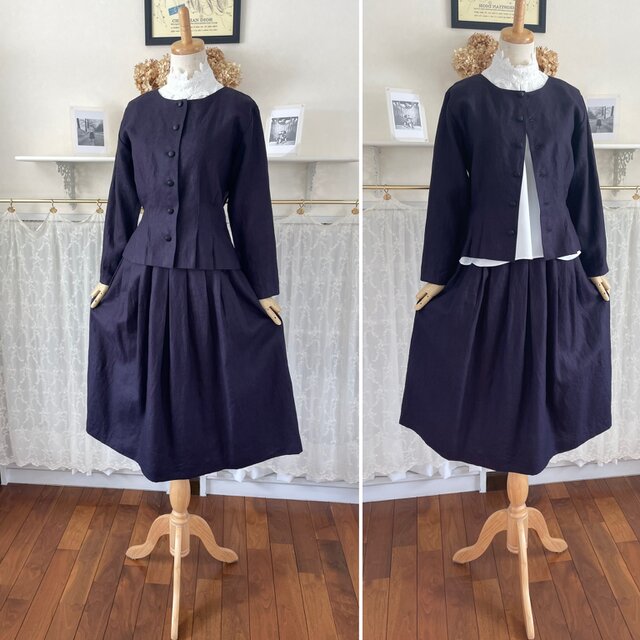 ♦️Sale!♦️紫味濃紺リネンのセットアップ『ブラウスジャケット・ハオリモノ・サイズフリースカート・ウエストゴム』