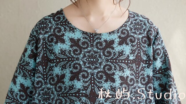 New秋色~ブルー レトロ花柄長袖ワンピース ゆったり 綿麻