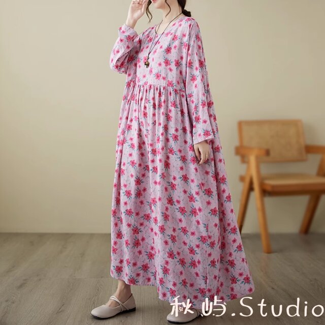 New秋色~ピンク 花柄ゆったりワンピース 長袖ロング丈スカート