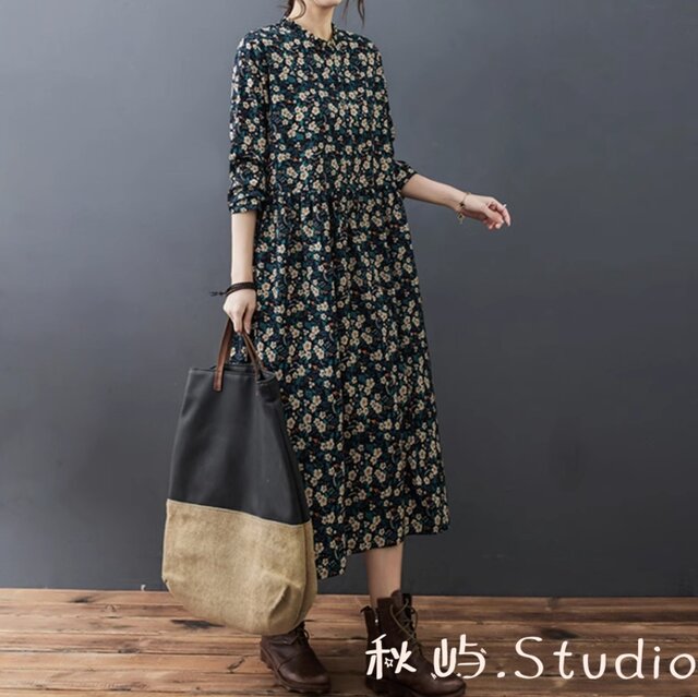 drawer 花柄ダークグリーン長袖ワンピース New秋色~グリーン 花柄ゆったりワンピース 長袖ロング丈スカート