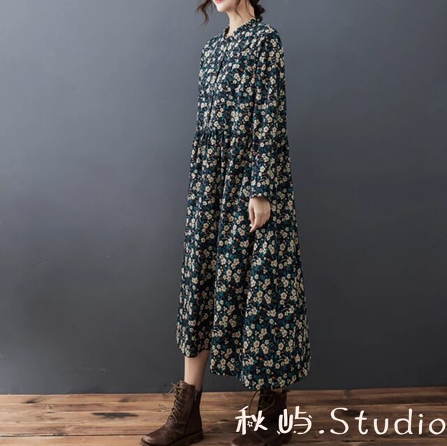 drawer 花柄ダークグリーン長袖ワンピース New秋色~グリーン 花柄ゆったりワンピース 長袖ロング丈スカート