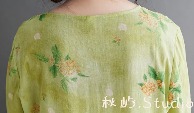 昭和レトロ手書き風花柄半袖ロングワンピースゆったりデザイングリーンフリーサイズD 407198263-2.jpg