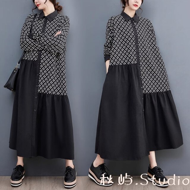 新作 秋色~人気.カジュアルシャツスカート 着やせ ワンピース ブッラク レトロ  長袖 綿 ゆったり 春秋★