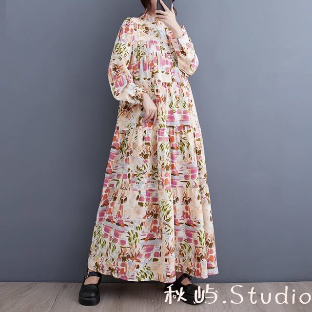 花柄 長袖 ワンピース 中古 ドット×花柄 長袖ワンピース - 古着屋グレープフルーツ ムーン