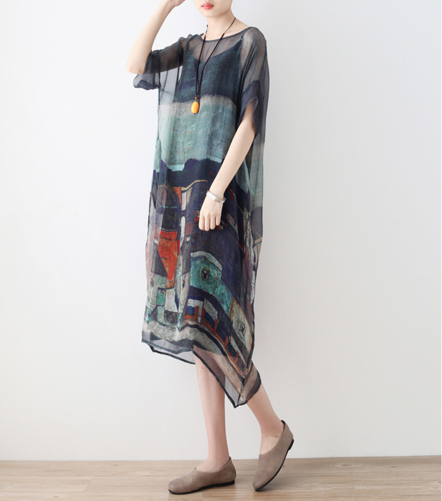 送料０♪上品.桑蚕糸ワンピース2点セット.ゆったり (グレー)