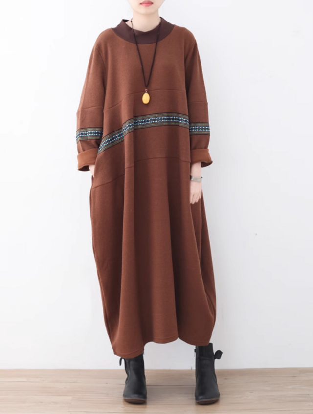 送料０♪人気.厚手コットンワンピース 綿　ハイネックミディアム丈【コーヒ色】