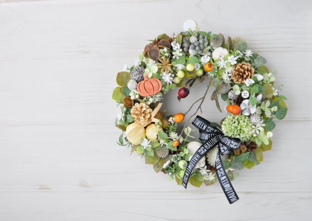 専用＊Halloween＊パンプキン＆オリーブ　シックナチュラル フェイクリース シックな森のリース ハロウィンリボンをそえて：ハロウィン パンプキン