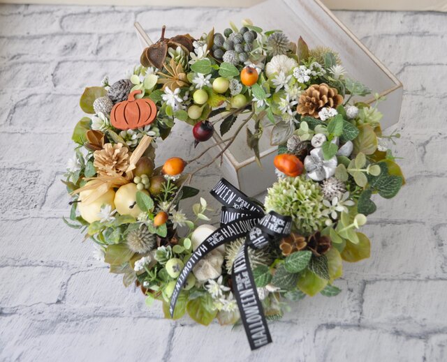 専用＊Halloween＊ミニパンプキン＆オリーブ　ナチュラル フェイクリース シックな森のリース ハロウィンリボンをそえて：ハロウィン パンプキン