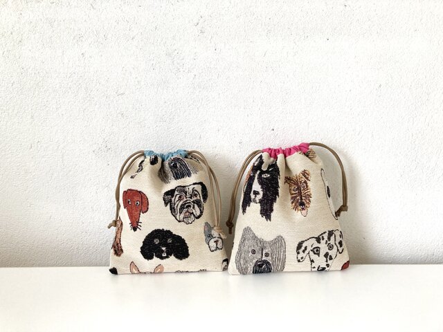 受注製作】犬の巾着袋 内袋ピンク色 | iichi 日々の暮らしを心地よく