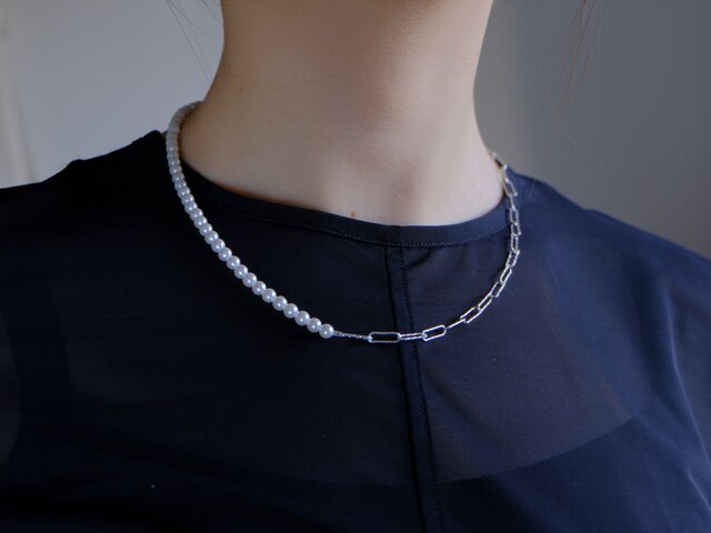 4wayパールシルバーチェーンネックレス アシンメトリーデザイン